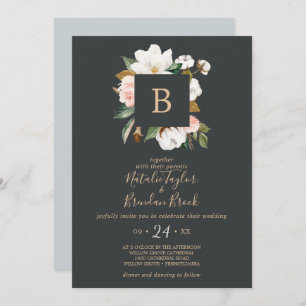 Elegant Magnolia   Black & White Monogram Wedding Invitation
