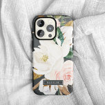 Elegant Magnolia | Black & White Personalized Name Case-Mate iPhone Case<br><div class="desc">This elegant magnolia black and white personalized name phone case is the perfect gift for her. The moody floral design features watercolor blush pink peonies, stunning white magnolia flowers and cotton with gold and green leaves in a luxurious arrangement on a dark background. Personalize the case with her first or...</div>