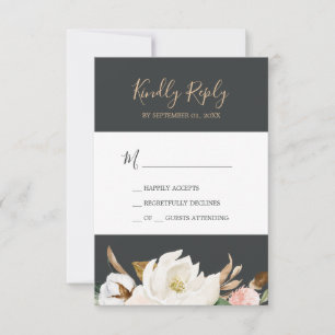 Elegant Magnolia   Black & White Simple RSVP Card