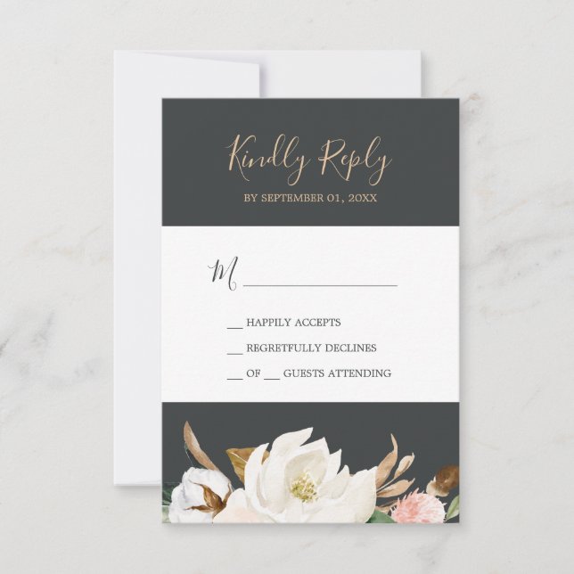 Elegant Magnolia | Black & White Simple RSVP Card (Front)