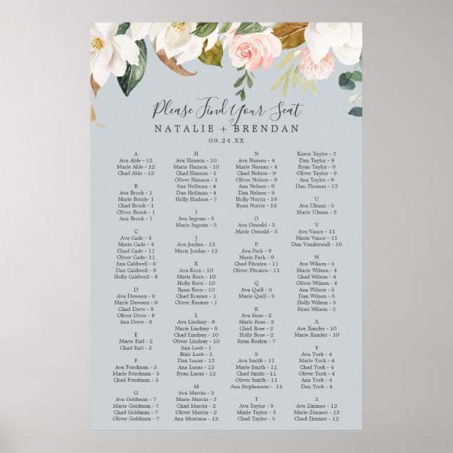Elegant Magnolia Blue  Alphabetical Seating Chart (Front)