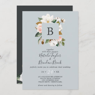 Elegant Magnolia Blue Grey All In One Wedding Invitation