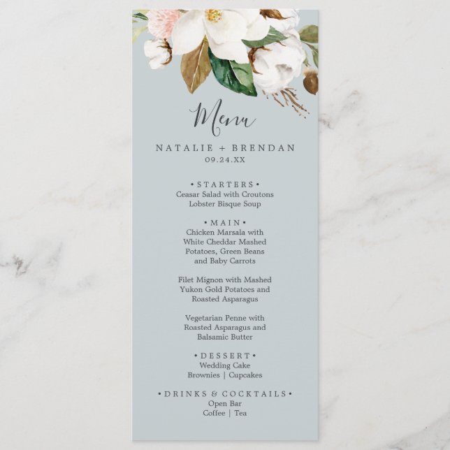 Elégant Magnolia Blue Grey Mariage Dîner Menu (Devant)