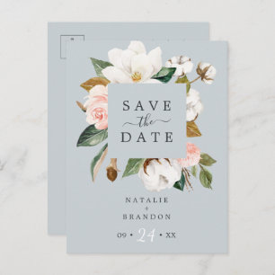 Elegant Magnolia Blue Grey Save the Date Postcard