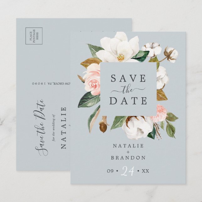 Elegant Magnolia Blue Grey Save the Date Postcard (Front/Back)