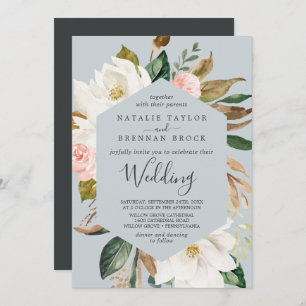 Elegant Magnolia   Blue Grey Wedding Invitation