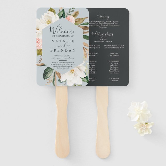 Elegant Magnolia Blue Grey Wedding Program Fan (Front and Back)