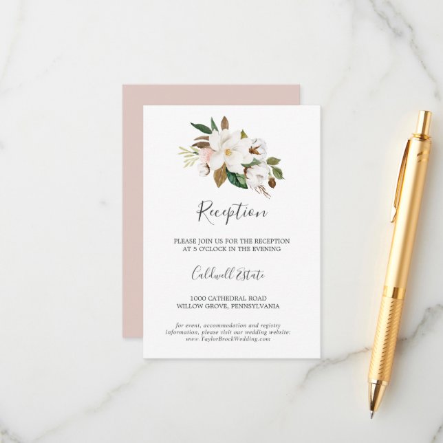 Élégant Magnolia | Carte d'insertion de réception  (Devant/Arrière en situation)
