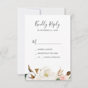 Élégant Magnolia Carte RSVP simple blanche et bl