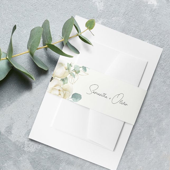 Elegant Magnolia Eucalyptus Script Invitation Belly Band (Elegant Magnolia Eucalyptus Script Invitation Belly Band)