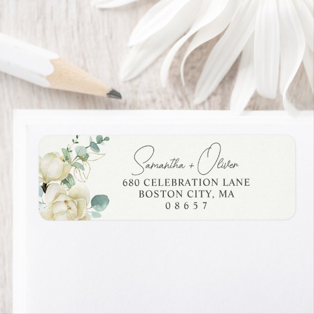 Elegant Magnolia Eucalyptus Script Return Address (Insitu)