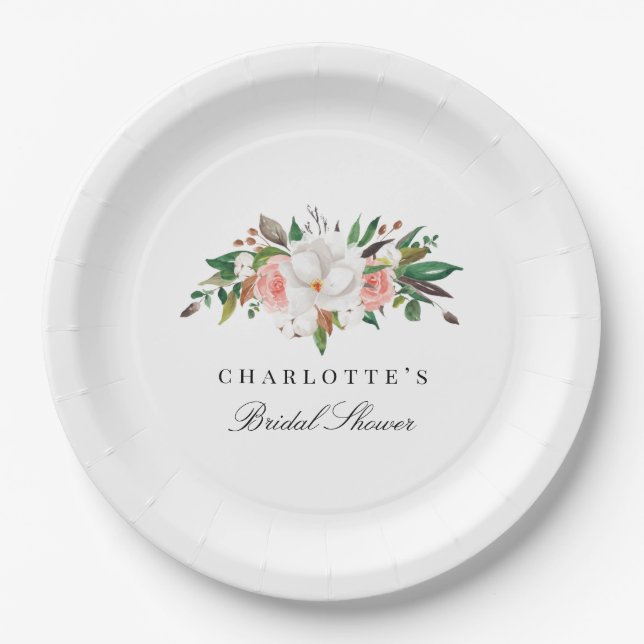 Elegant Magnolia Floral Bridal Shower Paper Plate (Front)