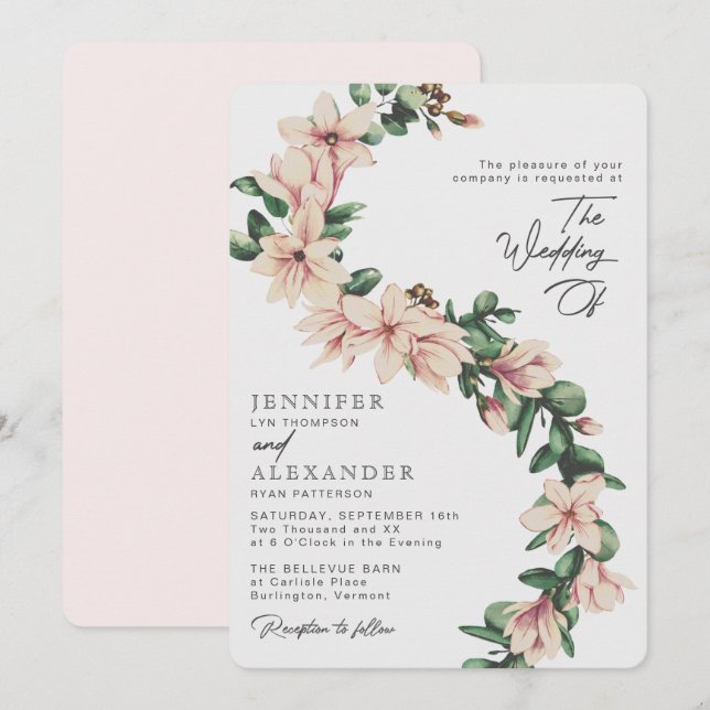 Elegant Magnolia Floral Eucalyptus Blush Wedding Invitation (Front/Back)