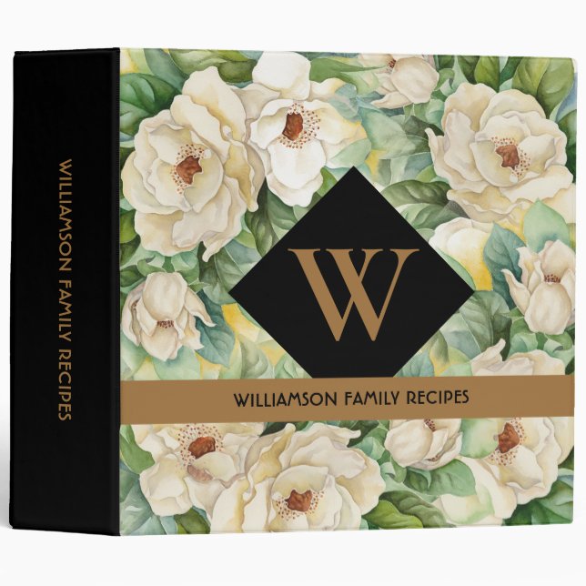 Elegant Magnolia Floral Gold Monogram Name Recipes Binder (Front/Spine)