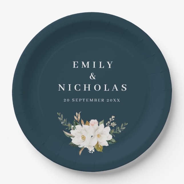 elegant magnolia floral navy blue wedding paper plate (Front)