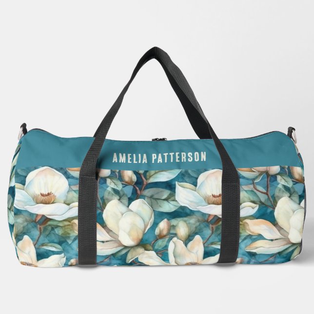 Elegant Magnolia Floral Pattern Personalized Name Duffle Bag (Front)