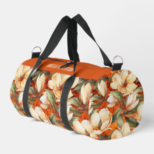 Elegant Magnolia Floral Pattern Personalized Name Duffle Bag