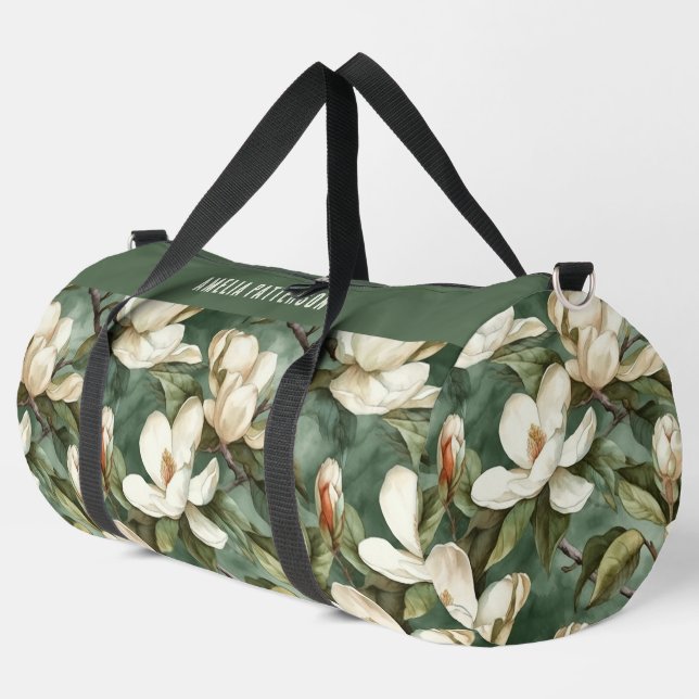 Elegant Magnolia Floral Pattern Personalized Name Duffle Bag (Left Corner)