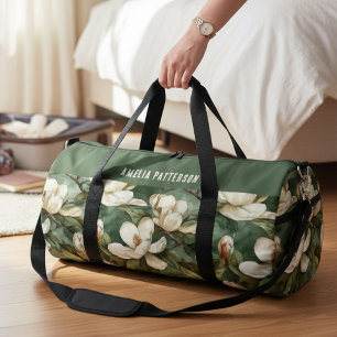 Elegant Magnolia Floral Pattern Personalized Name Duffle Bag
