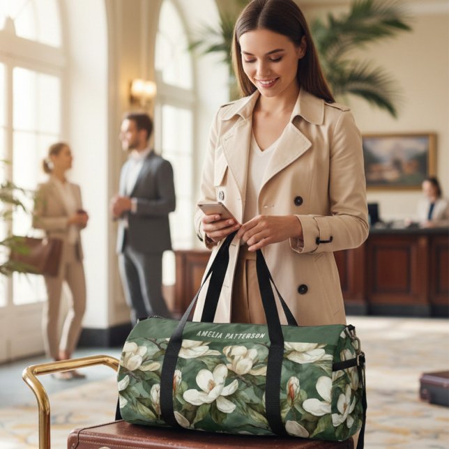 Elegant Magnolia Floral Pattern Personalized Name Duffle Bag (Creator Uploaded)