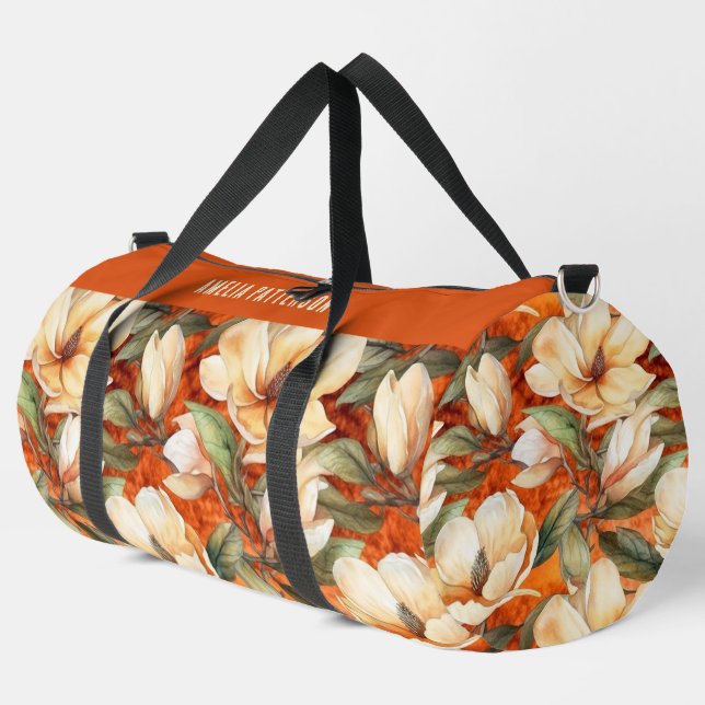 Elegant Magnolia Floral Pattern Personalized Name Duffle Bag (Left Corner)