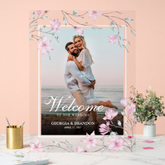 Elegant Magnolia Floral Photo Wedding Welcome  Acrylic Sign