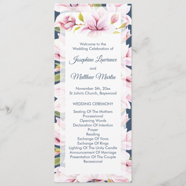 Elegant Magnolia Floral Wedding Ceremony Program (Front)