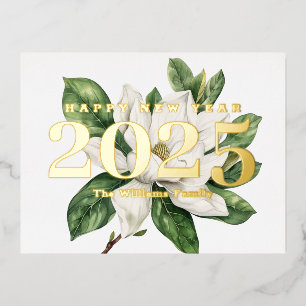 Elegant Magnolia Flower Happy New Year 2025 Gold Foil Holiday Postcard