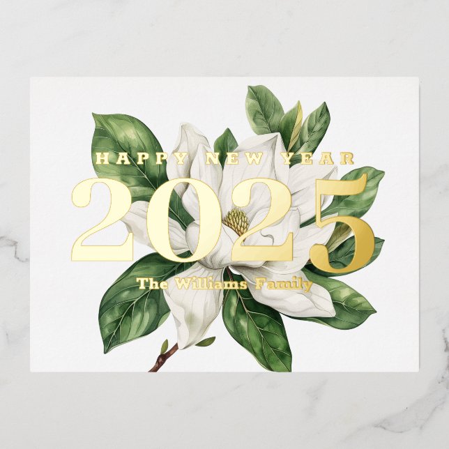 Elegant Magnolia Flower Happy New Year 2025 Gold Foil Holiday Postcard (Front)