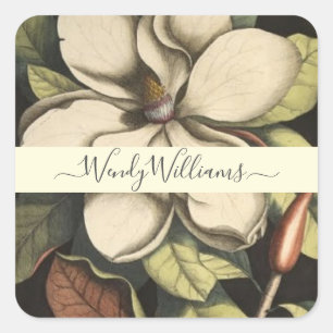 Elegant Magnolia Flower Script Type Square Sticker
