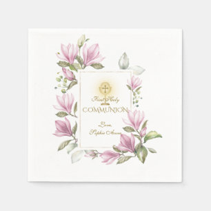 Elegant Magnolia Flowers Gold First Holy Communion Napkin