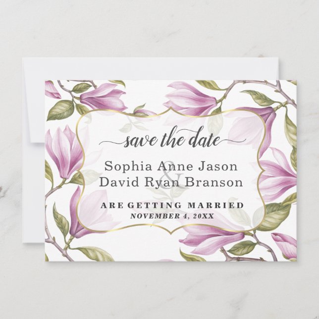 Elegant Magnolia Flowers Gold Wedding Calligraphy Save The Date (Front)
