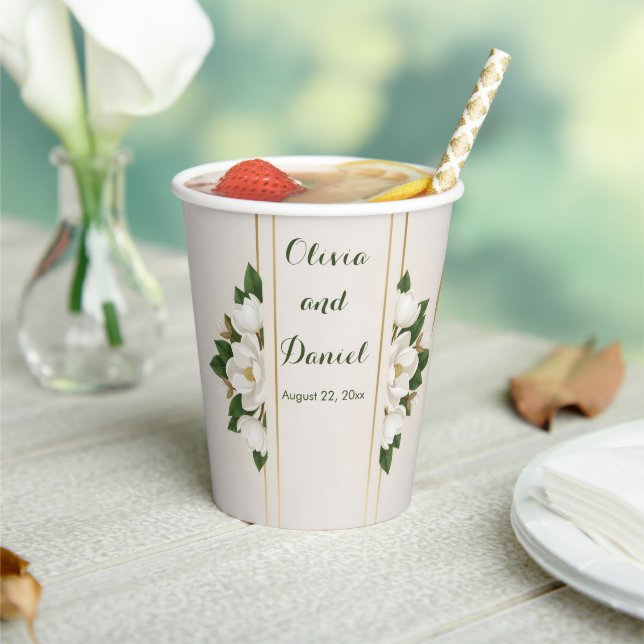 Elegant Magnolia & Gold Frame Wedding Paper Cups (Insitu)