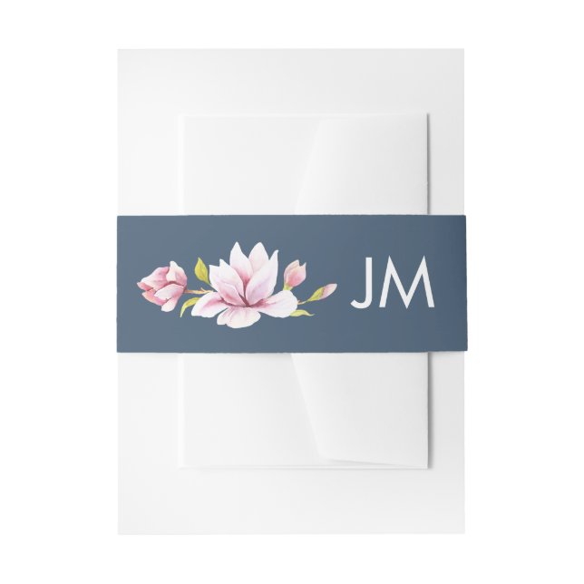 Elegant Magnolia Monogram Floral Wedding Invitation Belly Band (Front Example)
