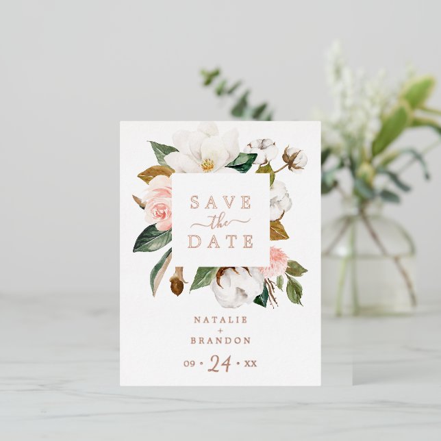 Elegant Magnolia | Rose Gold Foil Save the Date Foil Invitation Postcard (Standing Front)