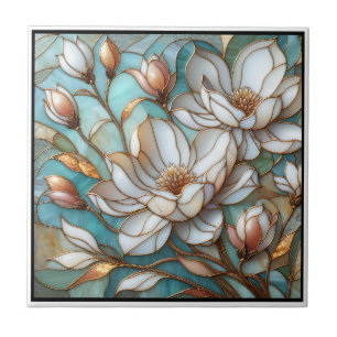 Elegant Magnolia Stained Glass Floral Mosaic Art Tile