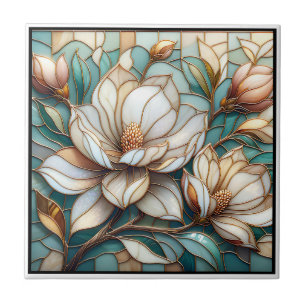 Elegant Magnolia Stained Glass Floral Mosaic Art Tile
