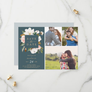 Elegant Magnolia Teal 3 Photo Collage Save The Date