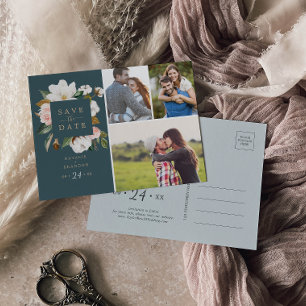 Elegant Magnolia Teal 3 Photo Save the Date Invitation Postcard