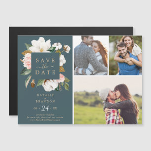 Elegant Magnolia Teal 3 Photo Save the Date Magnetic Invitation