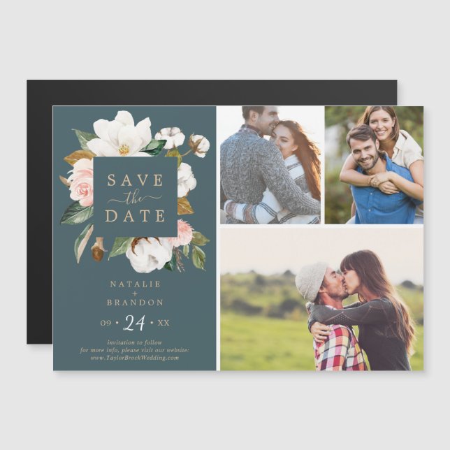 Elegant Magnolia | Teal 3 Photo Save the Date Magnetic Invitation (Front/Back)