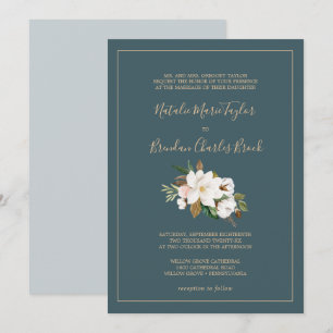 Elegant Magnolia   Teal and White Formal Wedding Invitation