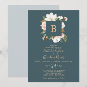 Elegant Magnolia   Teal and White Monogram Wedding Invitation