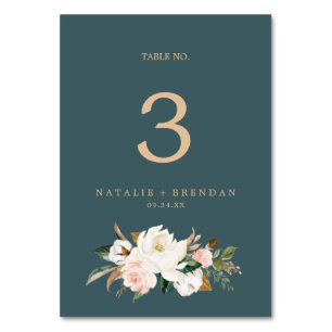 Elegant Magnolia Teal and White Table Number