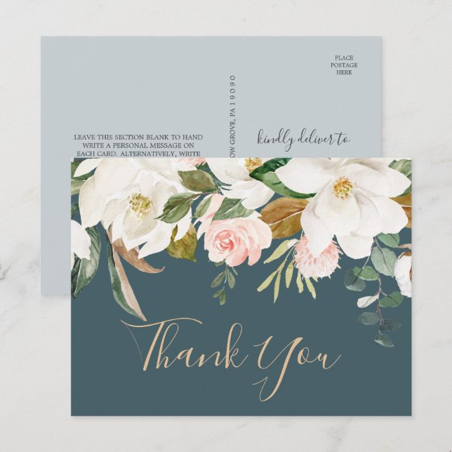 Elegant Magnolia Teal and White Thank You Postcard (Front/Back)