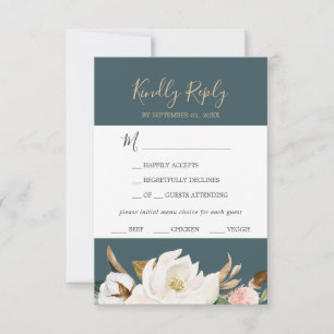 Elegant Magnolia   Teal Menu Choice RSVP Card
