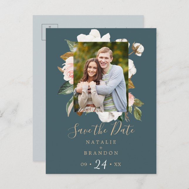 Elegant Magnolia | Teal Photo Save the Date Invitation Postcard (Front/Back)