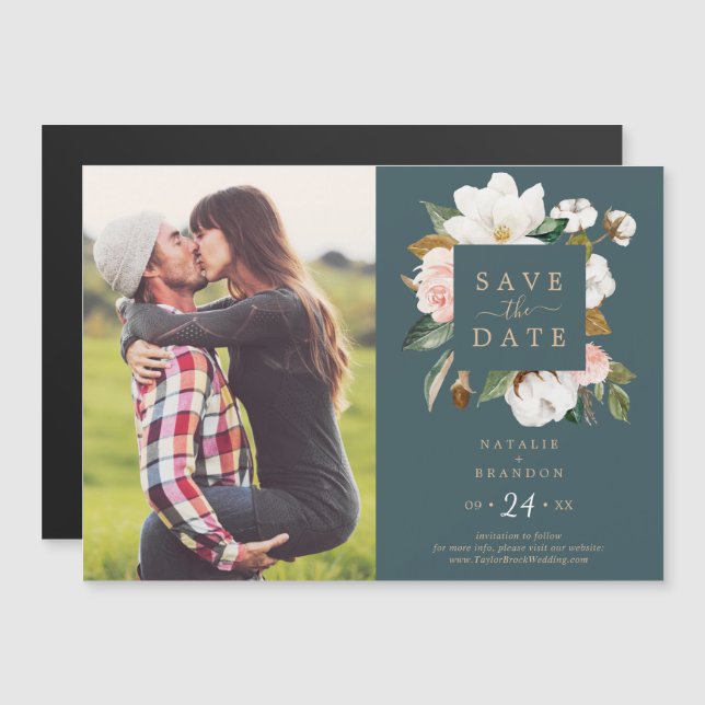 Elegant Magnolia | Teal Photo Save the Date Magnetic Invitation (Front/Back)