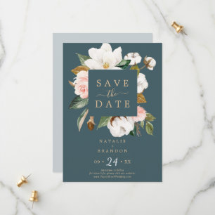 Elegant Magnolia Teal Save the Date Card