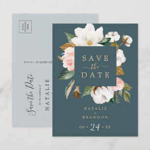 Elegant Magnolia   Teal Save the Date Postcard